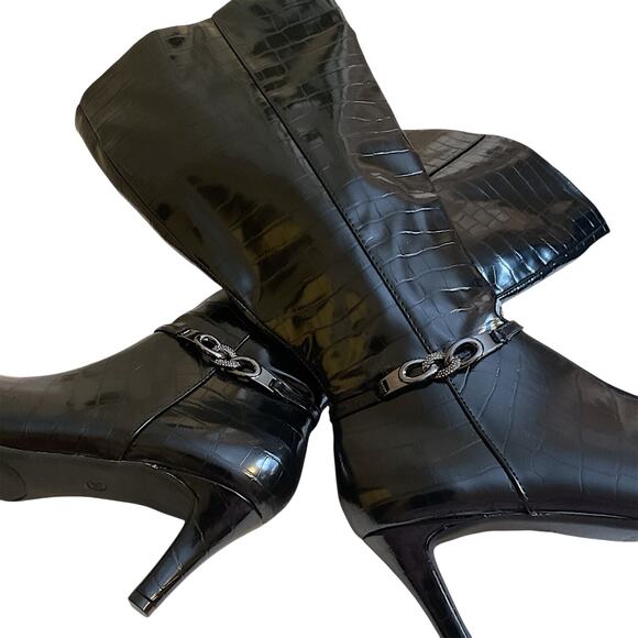 Karen Scott Boots Women Black SZ 7.5M Hanna Croc Wide-Calf Knee High Silver - Picture 14 of 15